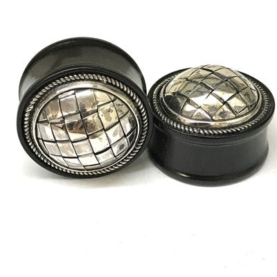 Large Gauge Organic Plugs with Silver Ornate Inlay - Choose Your Size and Material