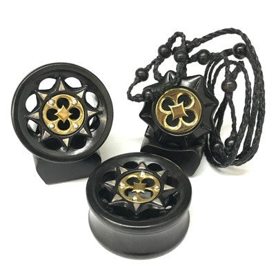 1-1/4" Dayak Rosette in Black Dogwood with Brass & Silver with Matching Necklace