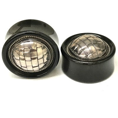 Large Gauge Organic Plugs with Silver Ornate Inlay - Choose Your Size and Material