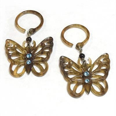 12g Butterfly Tortoise Shell Water Buffalo Horn Ear Dangles with Aqua Gems
