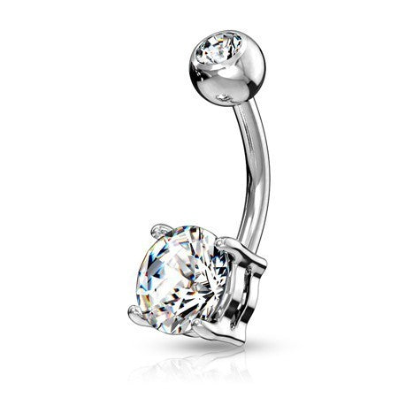 14g 3/8" Doubled Jeweled Steel Curve Barbell with Prong Set Gem