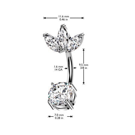 14g 3/8" Surgical Steel Belly Ring With Prong Set CZ Bottom and 3 Marquise CZ Fan Top
