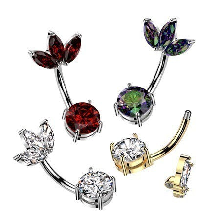 14g 3/8" Surgical Steel Belly Ring With Prong Set CZ Bottom and 3 Marquise CZ Fan Top