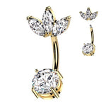 14g 3/8" Surgical Steel Belly Ring With Prong Set CZ Bottom and 3 Marquise CZ Fan Top