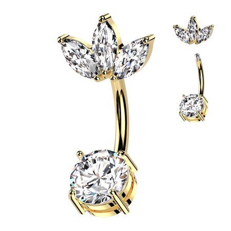 14g 3/8" Surgical Steel Belly Ring With Prong Set CZ Bottom and 3 Marquise CZ Fan Top