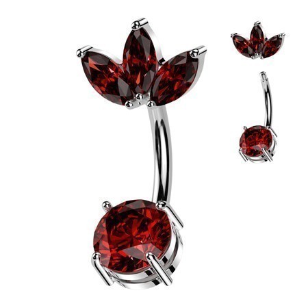 14g 3/8" Surgical Steel Belly Ring With Prong Set CZ Bottom and 3 Marquise CZ Fan Top