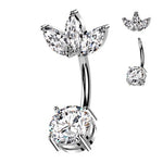 14g 3/8" Surgical Steel Belly Ring With Prong Set CZ Bottom and 3 Marquise CZ Fan Top