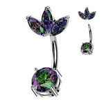 14g 3/8" Surgical Steel Belly Ring With Prong Set CZ Bottom and 3 Marquise CZ Fan Top