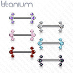 14g 9/16" Titanium Threadless Push-in Nipple Barbell with 3 Bezel Set Jewels