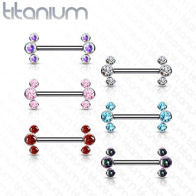 14g 9/16" Titanium Threadless Push-in Nipple Barbell with 3 Bezel Set Jewels