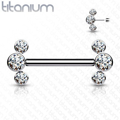 14g 9/16" Titanium Threadless Push-in Nipple Barbell with 3 Bezel Set Jewels