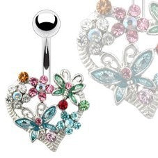 14g Steel Curved Barbell with Jeweled Heart and Multi-Butterfly