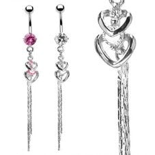 14g Steel Dangle Belly Ring with 2-Heart and Chain Navel Ring