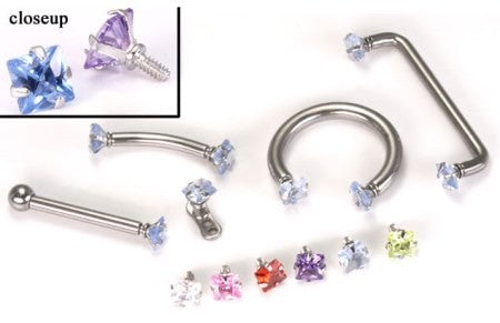 14g Steel Internally Threaded Princess Cut Gem Top