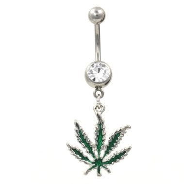14g Steel Jeweled Belly Button Curve with Green Pot Leaf Dangle