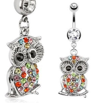 14g Steel Multi-Color Jeweled Owl on Branch Dangle Navel Ring