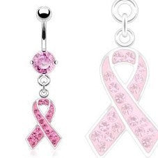 14g Steel Pink Jeweled Breast Cancer Ribbon Dangle