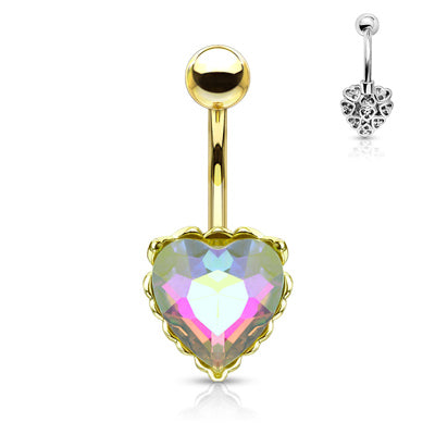 14g Prism Effect Heart Gem with Heart Filigree Encasing Navel Barbell