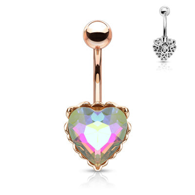 14g Prism Effect Heart Gem with Heart Filigree Encasing Navel Barbell