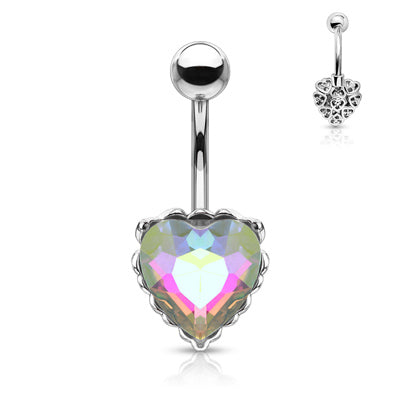 14g Prism Effect Heart Gem with Heart Filigree Encasing Navel Barbell