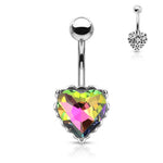 14g Prism Effect Heart Gem with Heart Filigree Encasing Navel Barbell