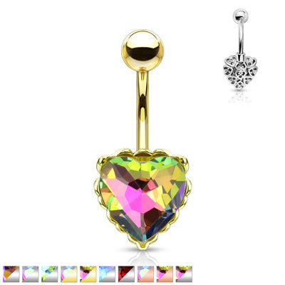 14g Prism Effect Heart Gem with Heart Filigree Encasing Navel Barbell
