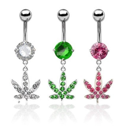 14g Steel Prong-Set Gemstone Belly Curve with Pot Leaf Dangle