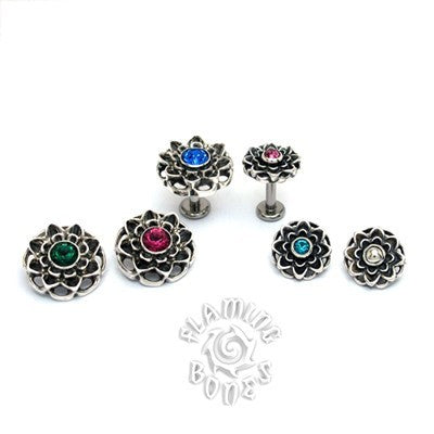 14g Sterling Silver Lotus Threaded Ends With Accent for Internally Threaded Body Jewelry