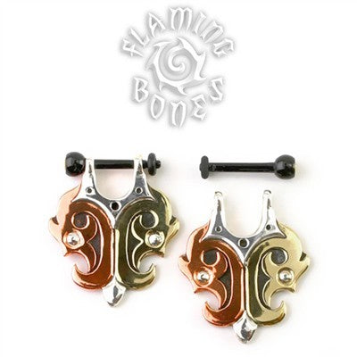 Stirrups in Mixed Metal with Grooved Black Water Buffalo Horn Post - Style 2
