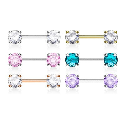 14g 9/16" Surgical Steel Nipple Barbells with Front Facing Prong Set Gem