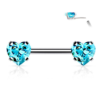14g 1/2" Surgical Steel Threadless Nipple Barbell with Prong Set Hearts