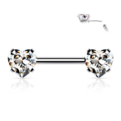 14g 1/2" Surgical Steel Threadless Nipple Barbell with Prong Set Hearts
