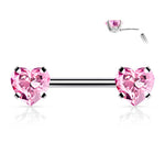14g 1/2" Surgical Steel Threadless Nipple Barbell with Prong Set Hearts