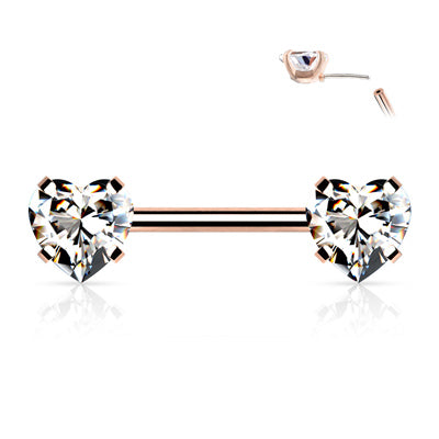 14g 1/2" Surgical Steel Threadless Nipple Barbell with Prong Set Hearts