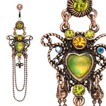 14g Steel Vintage Heart Navel Ring with Chain Dangle