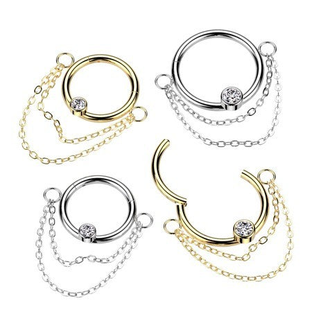 16g Steel Segment Captive Rings with Bezel Set CZ Center and Double Chain Dangle