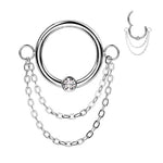 16g Steel Segment Captive Rings with Bezel Set CZ Center and Double Chain Dangle