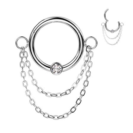 16g Steel Segment Captive Rings with Bezel Set CZ Center and Double Chain Dangle