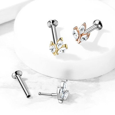 16g Surgical Steel Push-In Style Labret with 3 Marquise Prong Set Gems