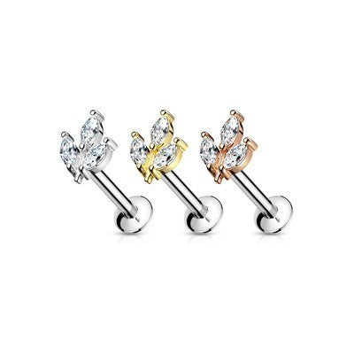 16g Surgical Steel Push-In Style Labret with 3 Marquise Prong Set Gems