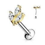 16g Surgical Steel Push-In Style Labret with 3 Marquise Prong Set Gems