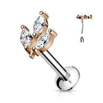 16g Surgical Steel Push-In Style Labret with 3 Marquise Prong Set Gems