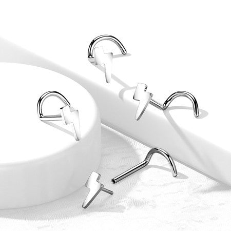 18g Implant Grade Titanium Threadless Nose Screw Ring with Lightening Bolt