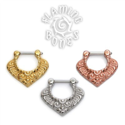 18k Gold Plated Septum Klikr with Finely Detailed Floral Pattern and Surgical Steel Post
