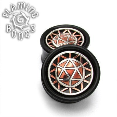 1" Icosahedron Collector Edition Plugs - Mixed Metal on Wood