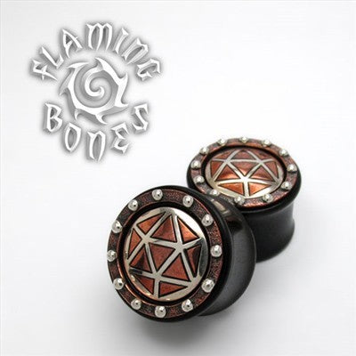 3/4" Icosahedron Collector Edition Plugs - Mixed Metal on Wood