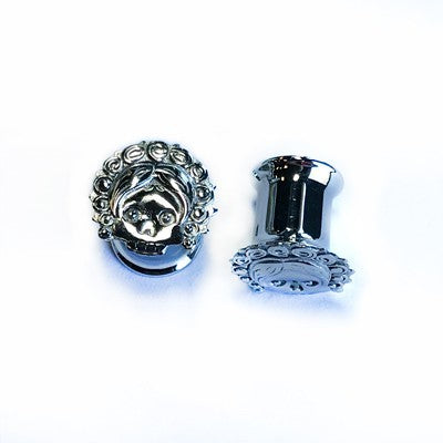 316LVM Steel Day of the Dead Skull and Flowers Double-Flare Eyelet