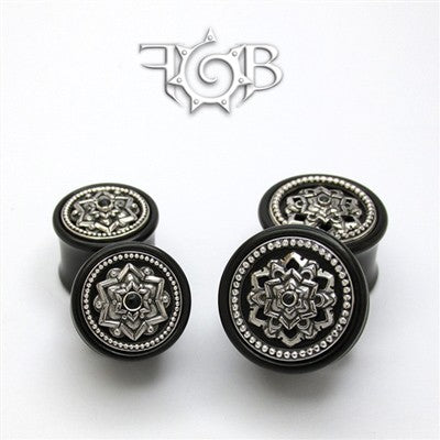 Black Dog Wood Chandi Mandala In Sterling Silver with Milligrain Accent and Jet Cabochon