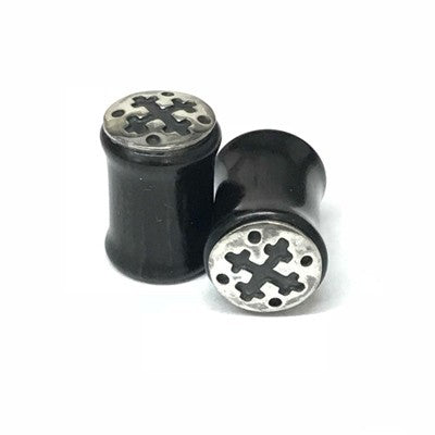 Black Dogwood Plugs with Ornate Silver Pattern - PBDS10