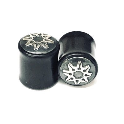 Black Dogwood Plugs with Ornate Silver Pattern - PBDS13